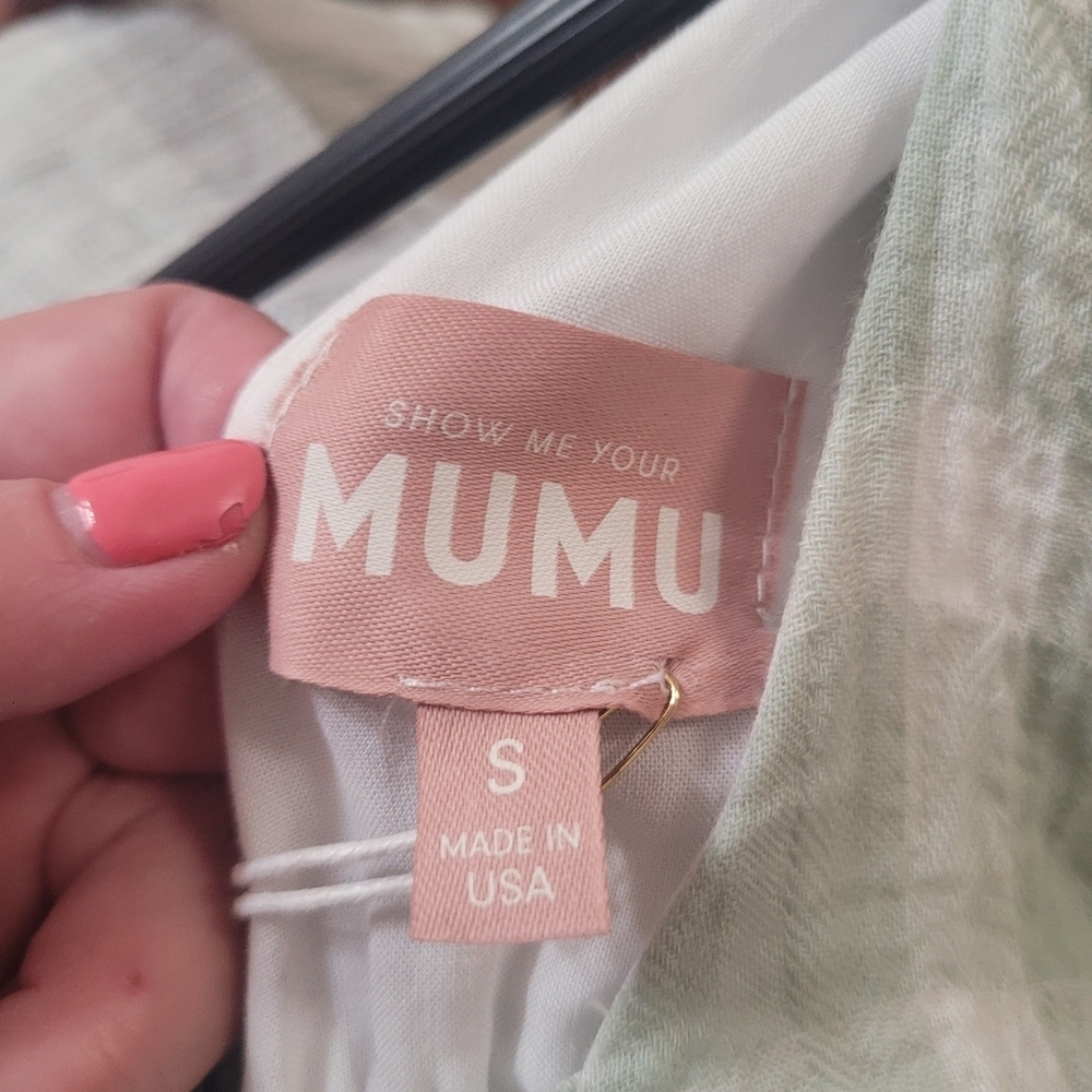 New Show Me Your MuMu Sage Green Gingham Ruffle Crop Smocked Top Small - Picture 7 of 8